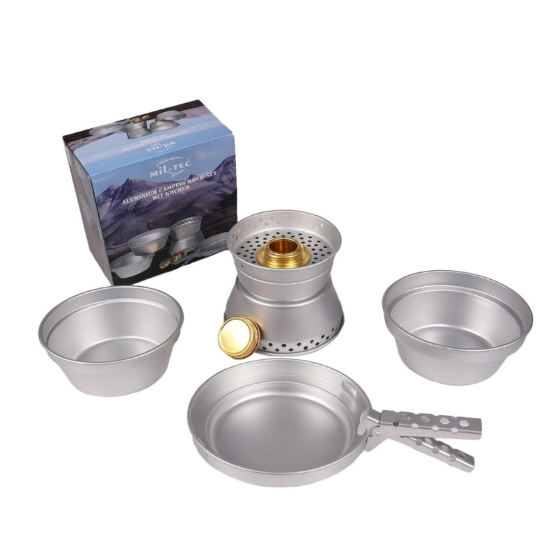 MIL-TEC aluminum cooking light stove set hiking cookware compact camping two pots pan lid brass cooker handle windshield